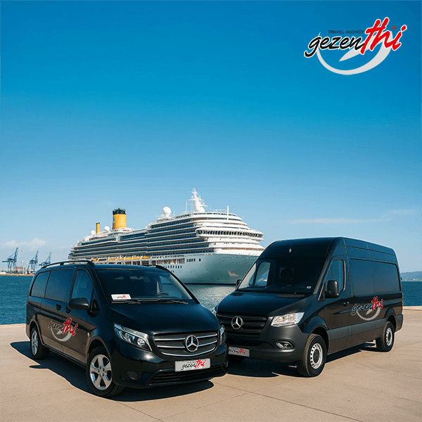 Gezenthi transfer vehicles waiting at the port with a cruise ship in the background, ready for guest pickup and excursions.
