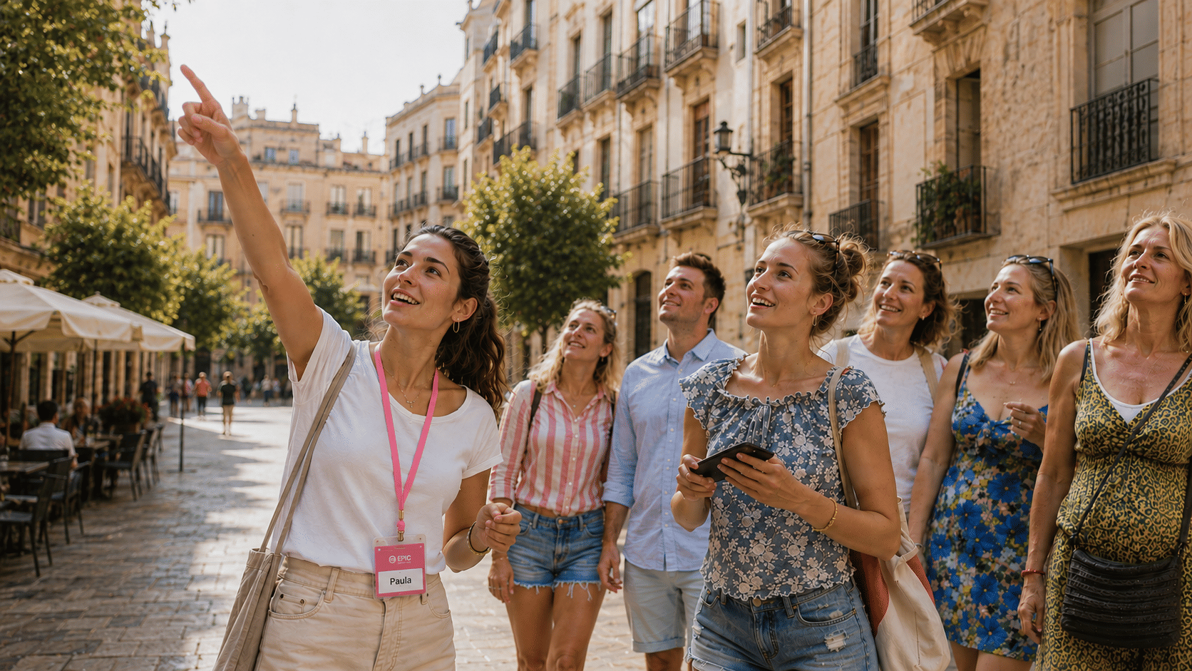 Small group enjoying a guided walking tour through a historic square in Valencia’s old town