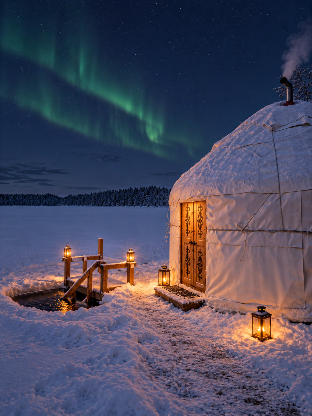 A warmly lit yurt sauna and ice-swimming hole beside a frozen lake under the Northern Lights.
