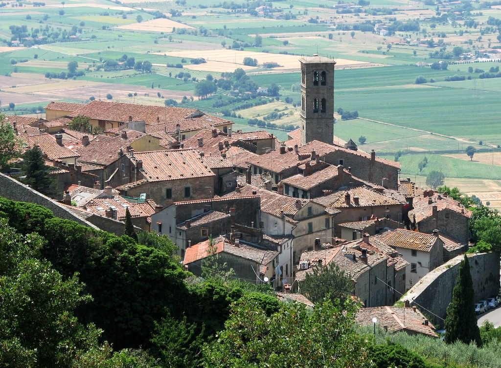 View of Cortona's landscape with its antique buildings and BellTower