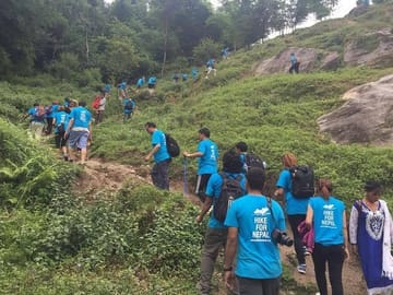 Hikers marching for an ascent.