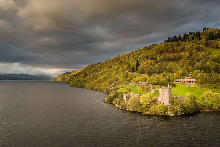 Aerial view of Urquhart Castle on Loch Ness