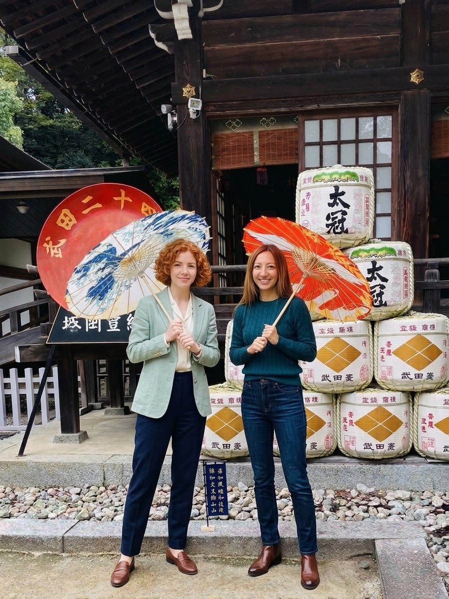 Two foreign tourists holding colorful Japanese paper umbrellas in front of sake barrels at Takeda Shrine