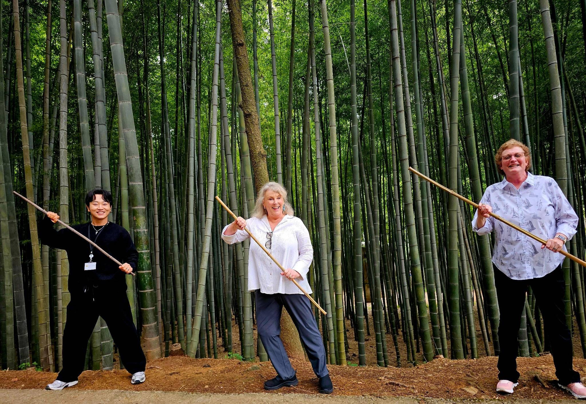 Bamboo walking stick held in a shaded bamboo forest path