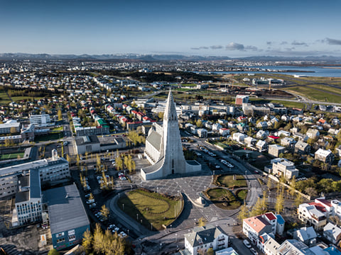 Aerial view of Reykjavik City with Hallgrimmskirkja in the center.