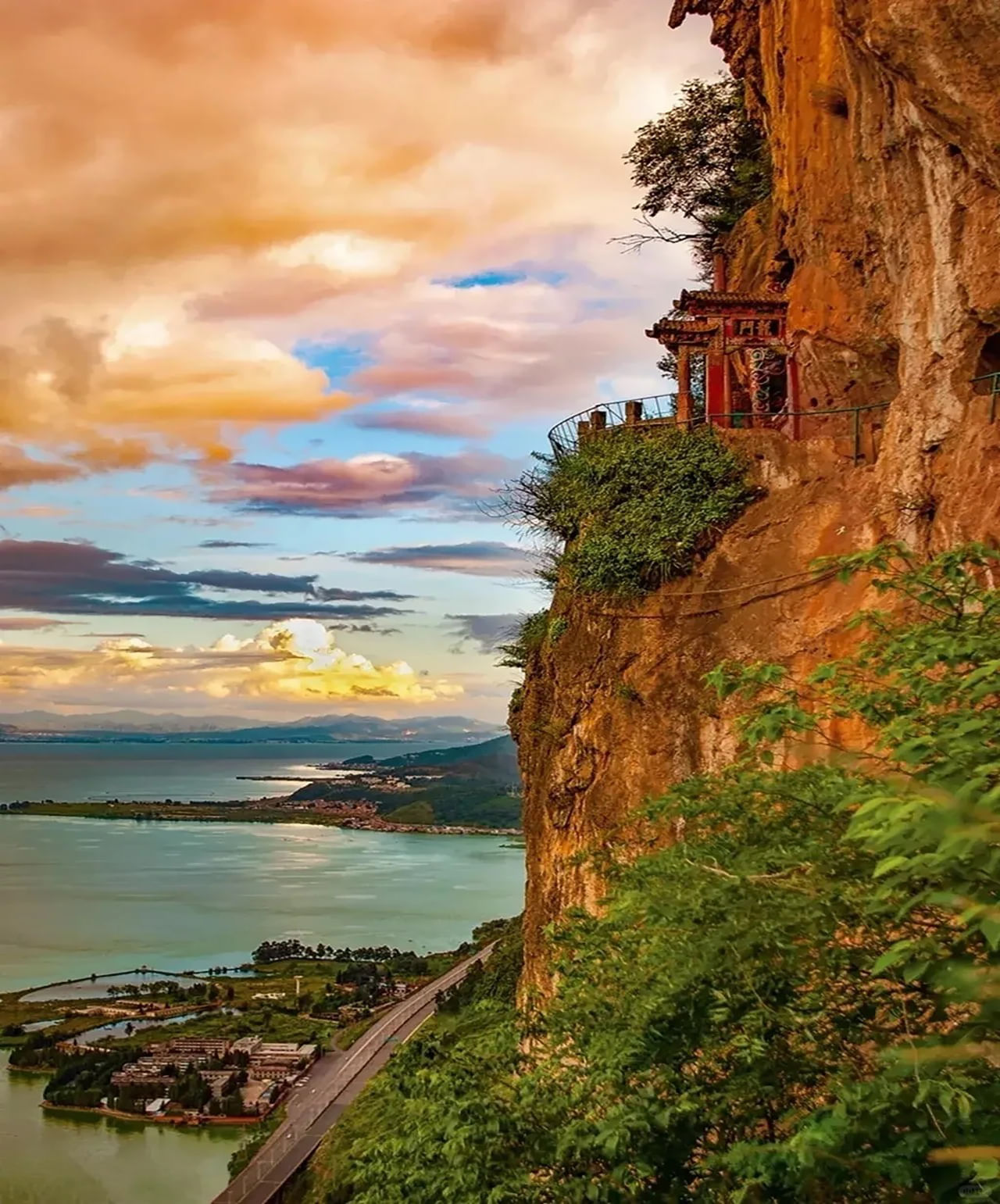 Sunset on the cliff and grotto scene