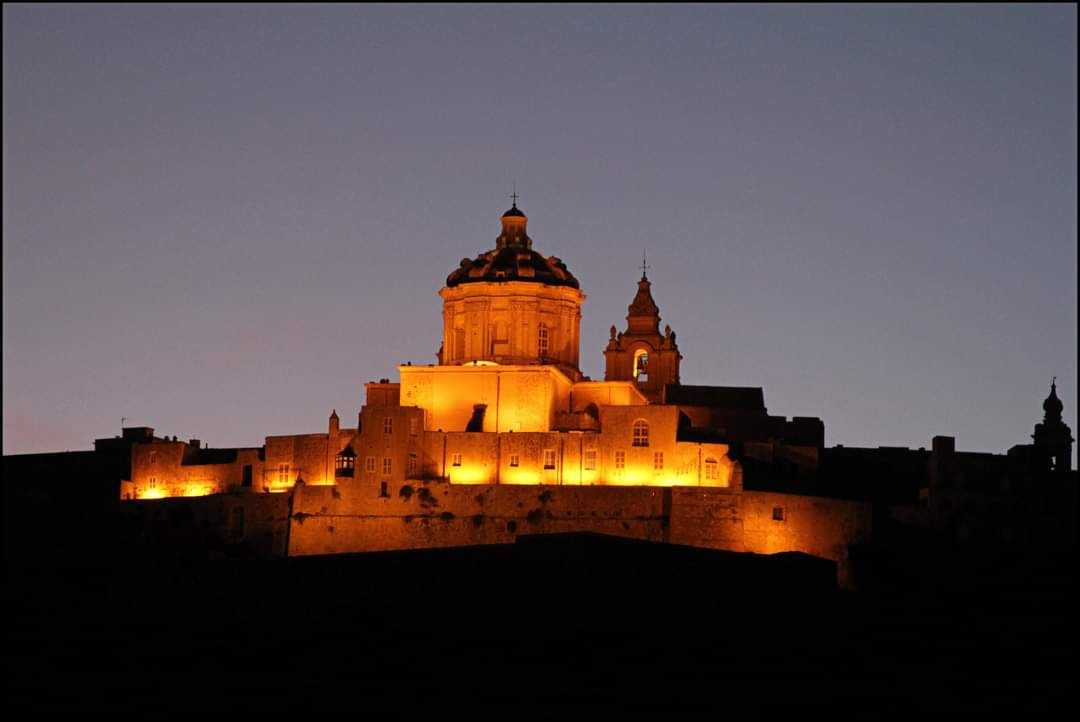 Mdina by night, as seen from the hills beneath