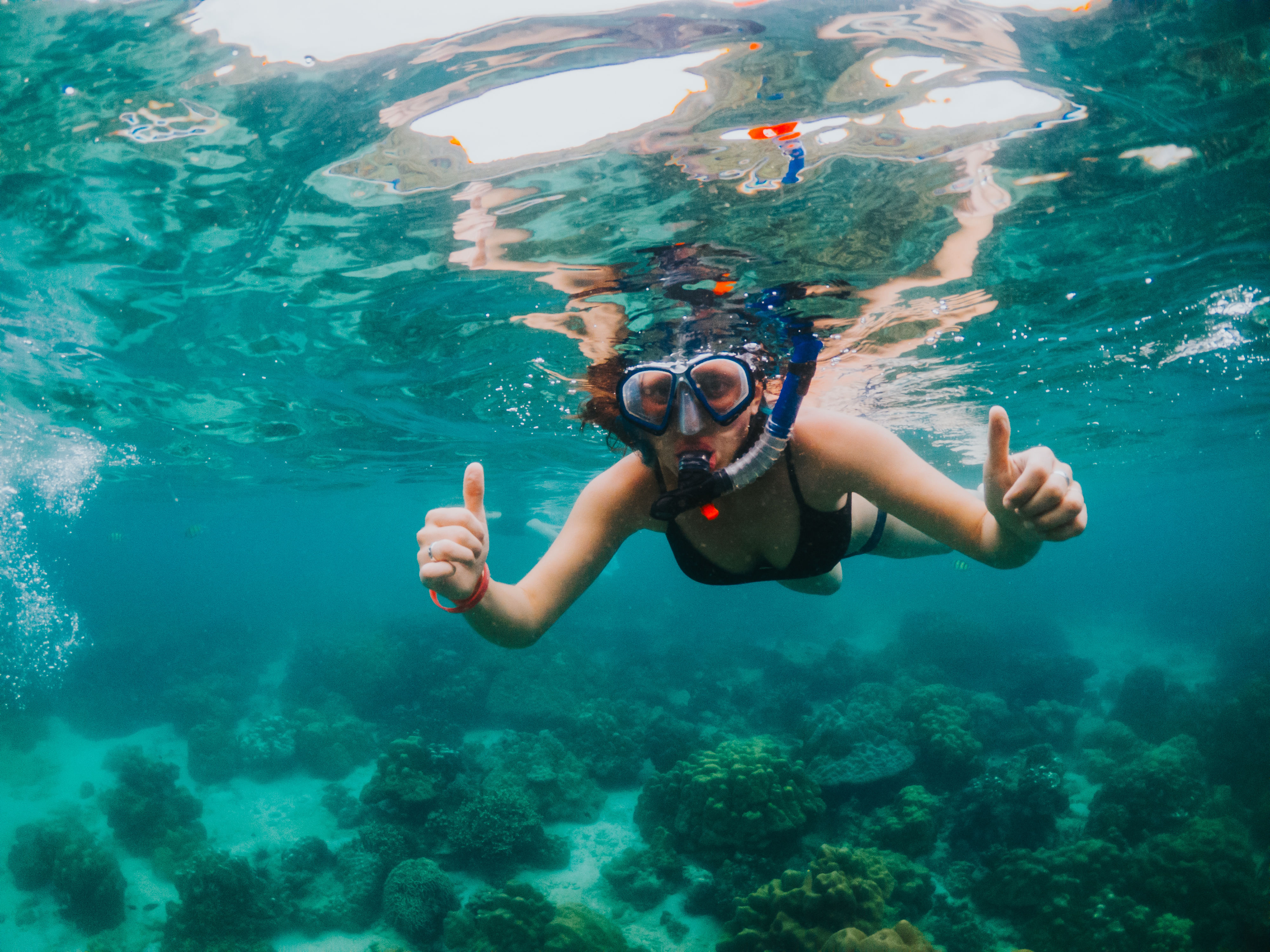 Woman snorkeling in clear Caribbean waters above coral reef near Cahuita National Park, Costa Rica, during a guided snorkeling tour.