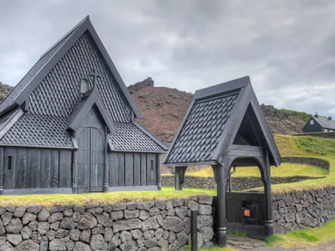 View of Heimaey village with traditional Icelandic buildings