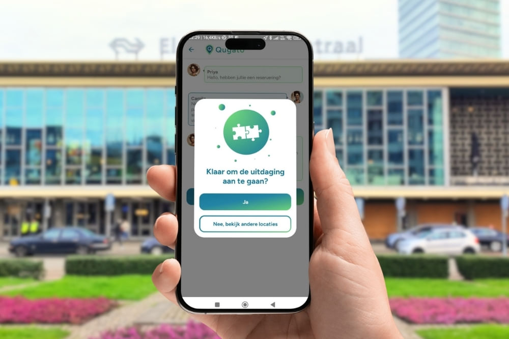 App interface screenshots during the Eindhoven escape game at the train station.