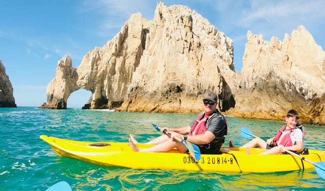 Family kayak cabo san lucas arch lands end los cabos yellow kayak sea of cortez scenic tour mexico kayaking with kids cabo arch view