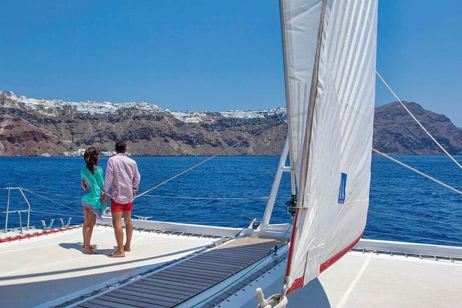 Santorini Cruise on Catamaran with BBQ & Open Bar
