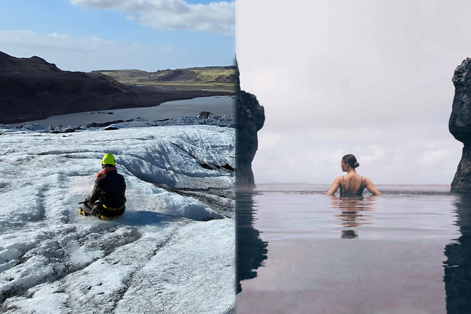 Composite image of a woman sitting on a glacier on one side and bathing in the Sky Lagoon on the other.