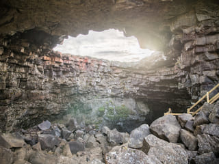 The upper echelons of Víðgelmir present a clear view of the outside world - the last place where light can enter the cave.