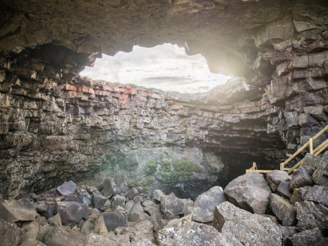 The upper echelons of Víðgelmir present a clear view of the outside world - the last place where light can enter the cave.