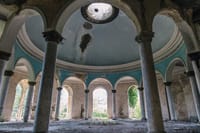 The light shines through a skylight in the dining hall of sanatorium Imereti in Tskaltubo