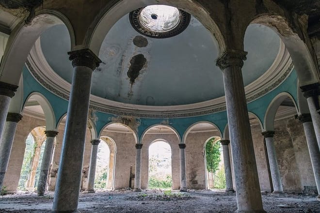 The light shines through a skylight in the dining hall of sanatorium Imereti in Tskaltubo