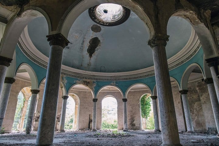 The light shines through a skylight in the dining hall of sanatorium Imereti in Tskaltubo