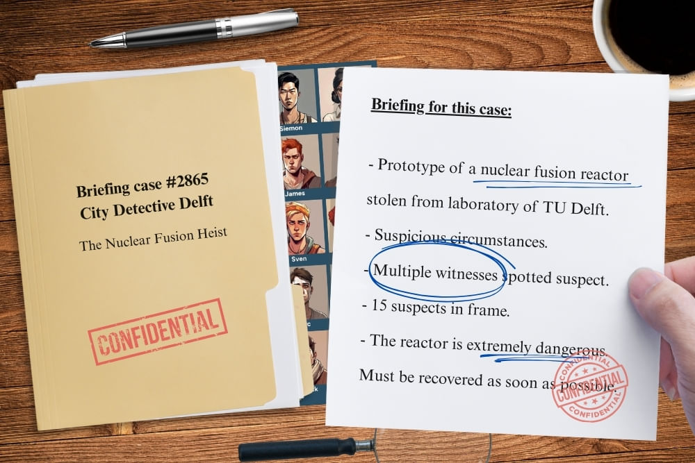 Dossier-style game briefing for the Delft scavenger hunt City Detective. 