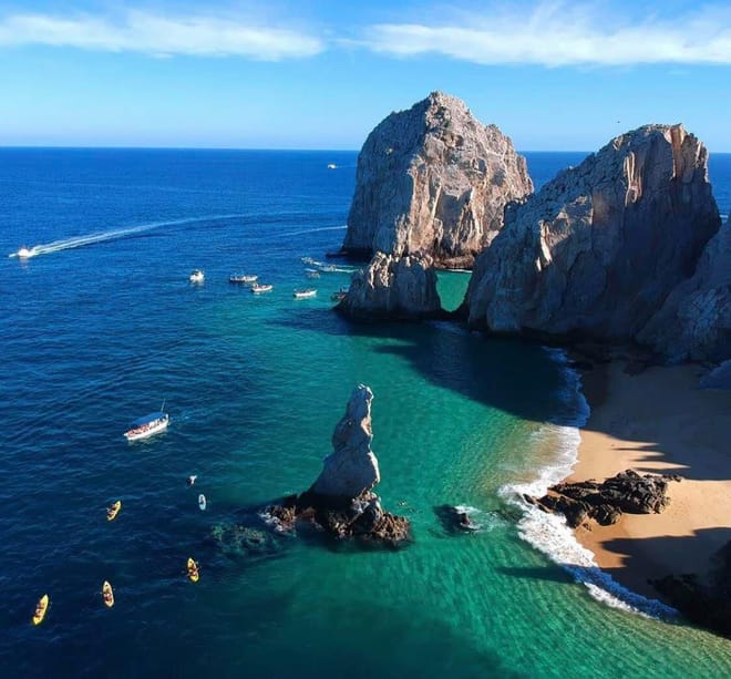 Aerial view cabo san lucas arch lands end turquoise water beach los cabos mexico sea of cortez kayak tour.