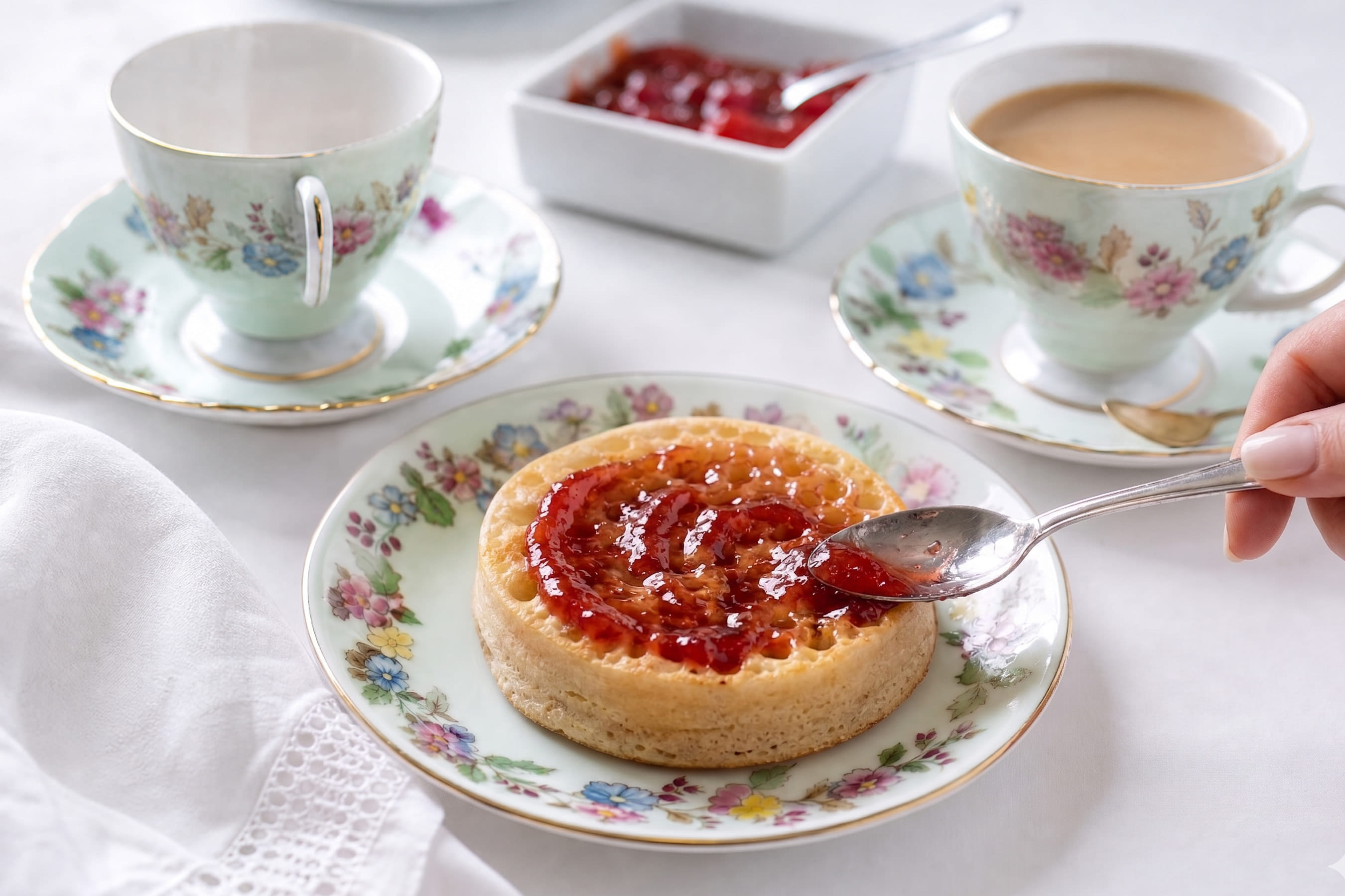 Crumpet with jam on top, served with a cup of tea