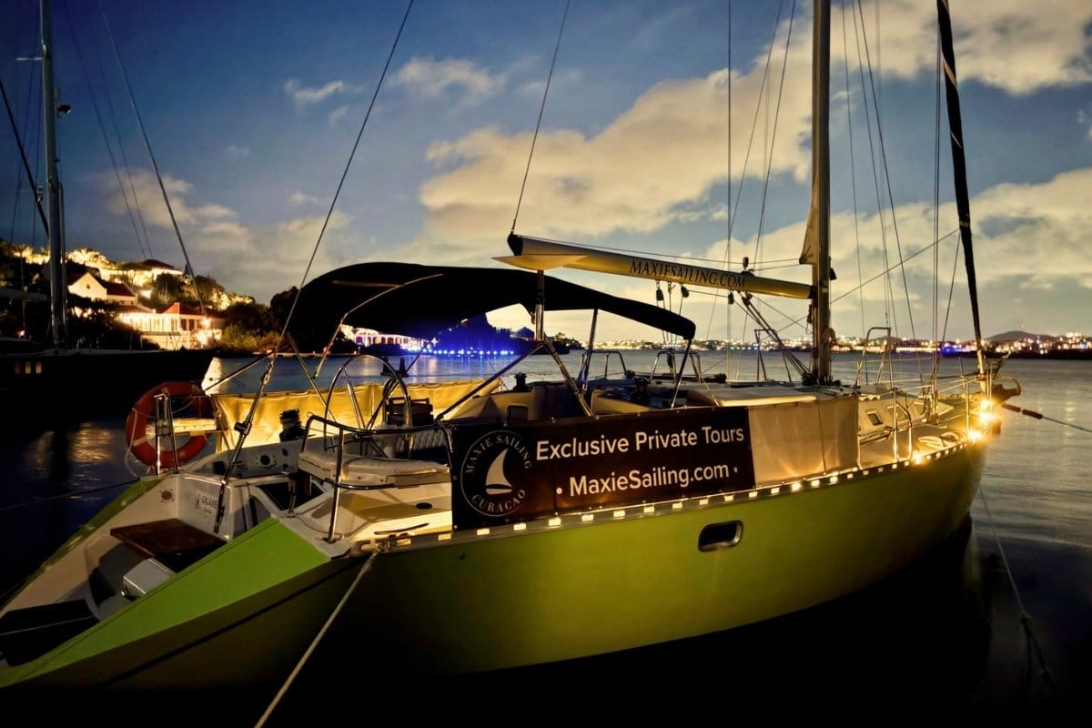 Sailing yacht Galaxie docked at blue hour at the seru boca marina in Curacao