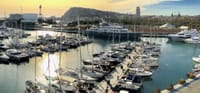 Standing in front of sailing boats at the harbour. In the back you will find the shape of Montjuic hill where the tour will take place.