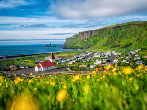 A picture of Vik i Myrdal taken from a nearby hill.
