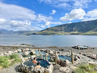 The view while sitting in one of the hot tubs at Hvammsvik