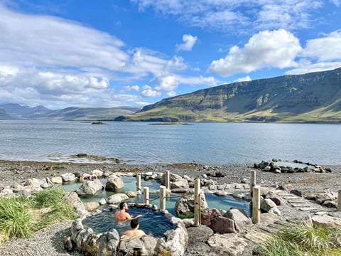 The view while sitting in one of the hot tubs at Hvammsvik