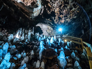 A view of icicles along the cave floor. Often called "Ice Spikes", these formations occur during the cold winter months.