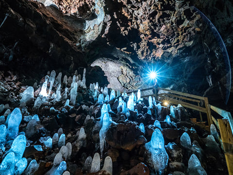 A view of icicles along the cave floor. Often called "Ice Spikes", these formations occur during the cold winter months.