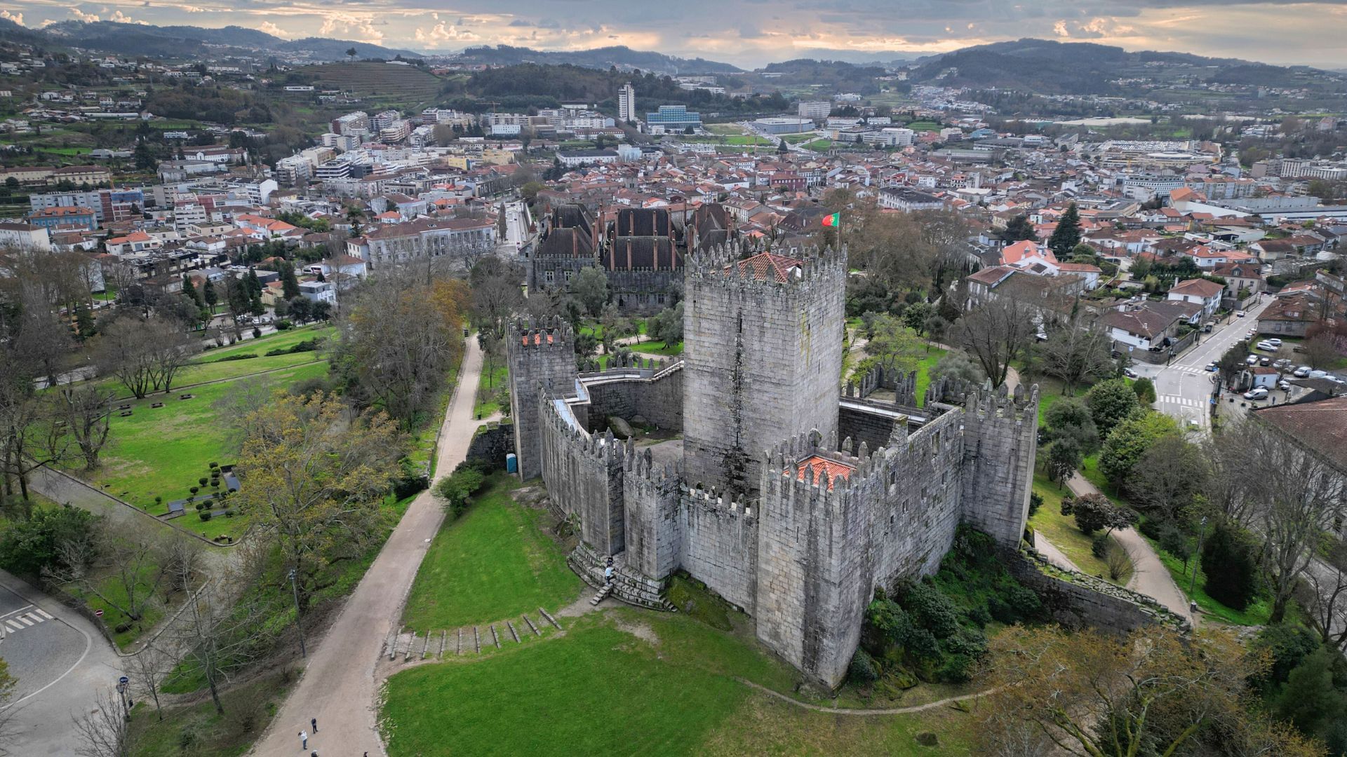 Aerial image of the Castle of Guimarães, part of Cooltour Oporto's Braga & Guimarães Tour