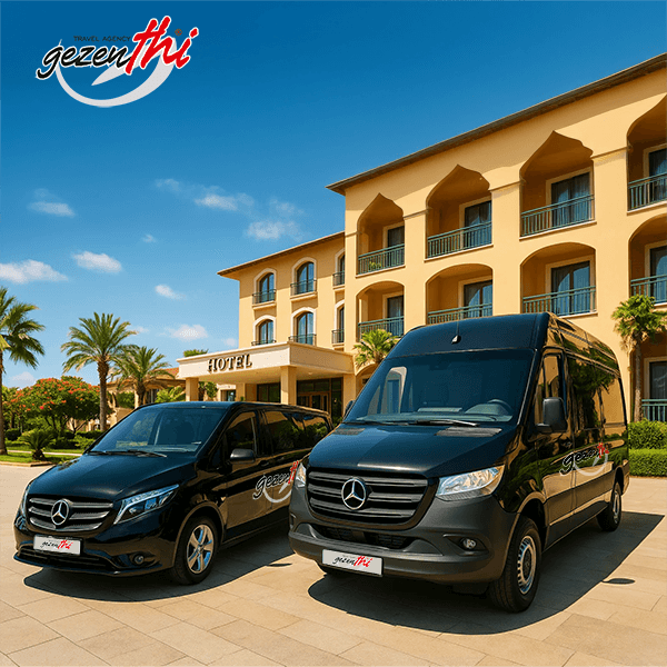 Tour vehicles parked in front of a hotel, ready for guest transfers and daily excursions.
