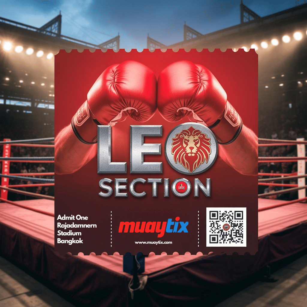 LEO Section Muay Thai ticket by MuayTix at Rajadamnern Stadium Bangkok, featuring boxing gloves and red fight arena background