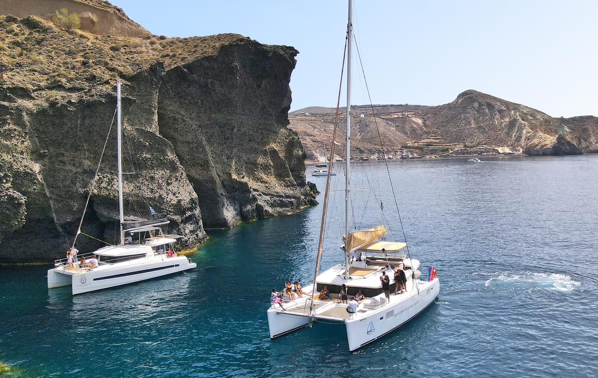 Santorini Catamaran Day Cruise – Lunch, BBQ, Drinks and Transfers