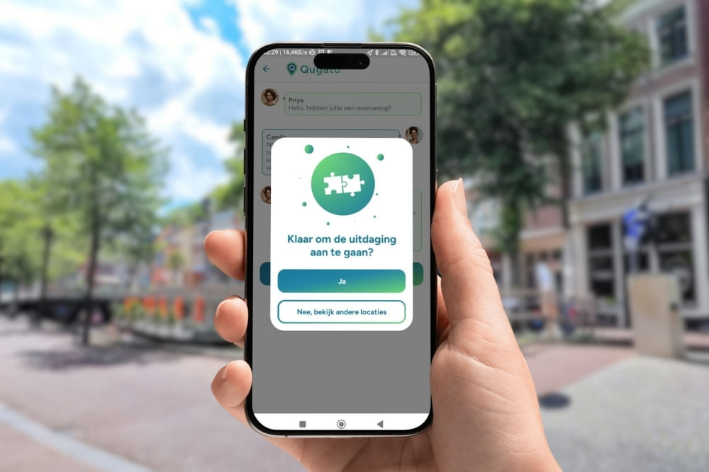 Phone showing the app interface of the Leeuwarden City Detective game.