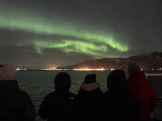 Guests watching a wide green Aurora Borealis display from the deck of a boat in Iceland.