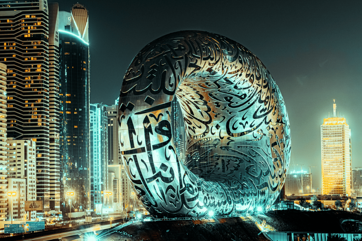 The Museum of the Future building in Dubai with Arabic calligraphy