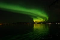 Green Aurora Borealis lights dancing above the coastline during a Northern Lights boat tour from Reykjavík, Iceland.