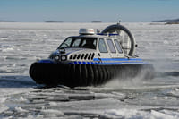 The hovercraft goes over braking ice, solid ice and open water. The cabin is heated