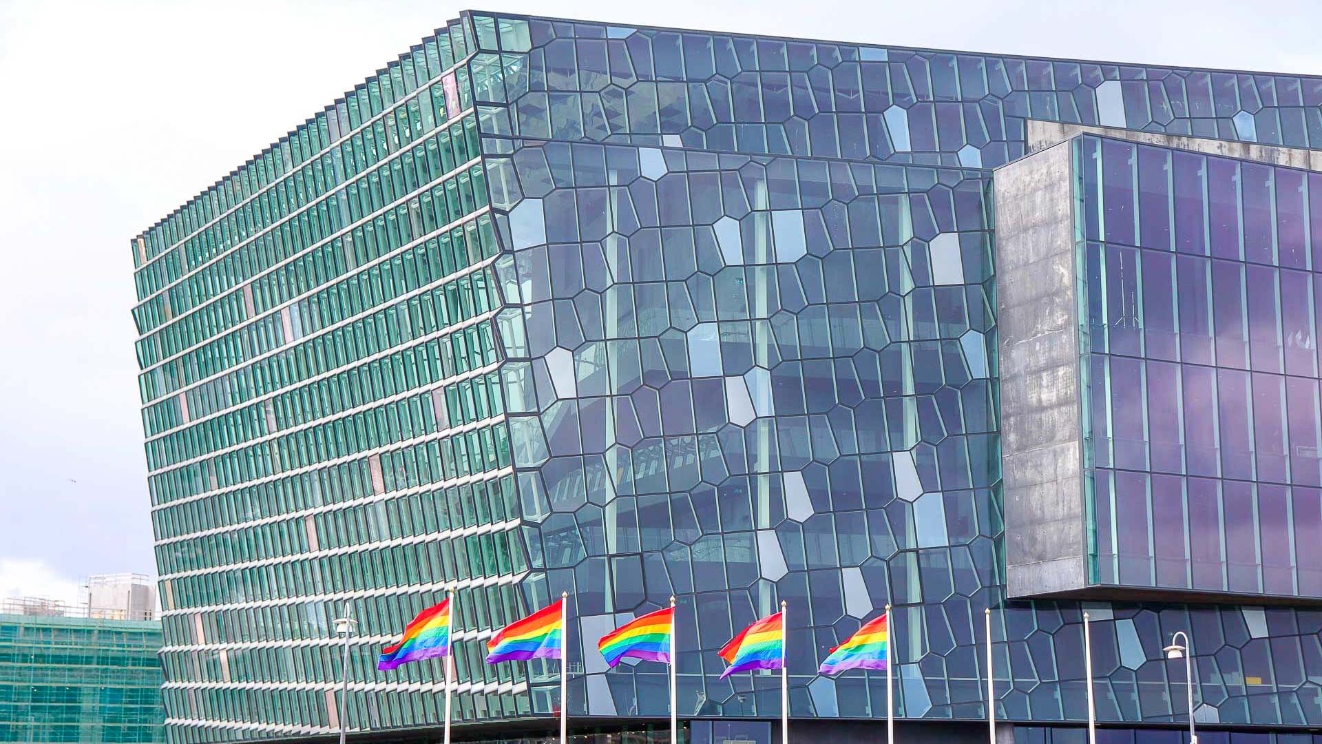 The Harpa Concert Hall during Reykjavik  Pride, showing rainbow flags in support of the LGBTQ Community