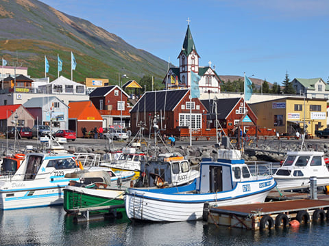 Street and waterfront area in Húsavík