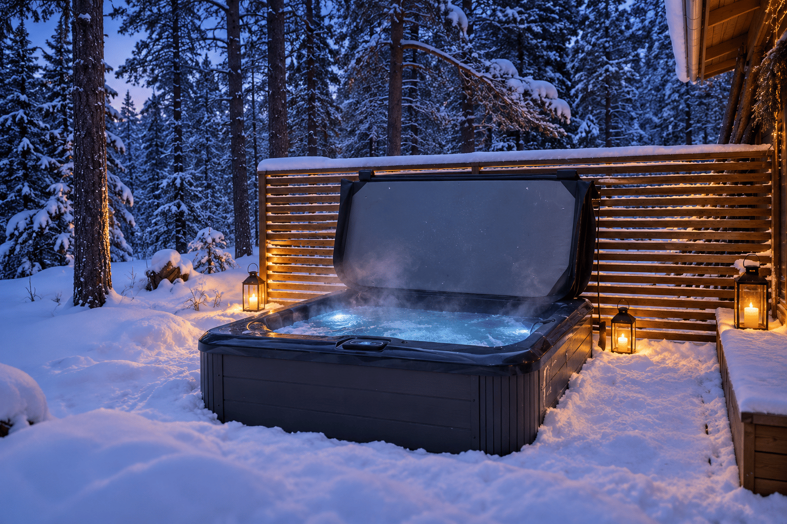 Steaming private outdoor hot tub surrounded by snow and pine forest near Levi, Finnish Lapland