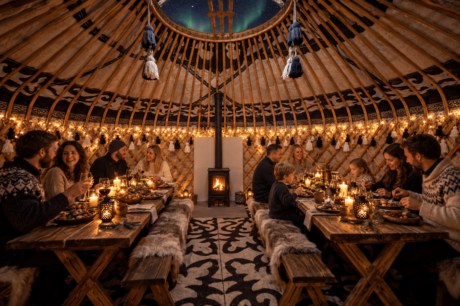 Guests enjoying a candlelit dinner inside a traditional Arctic yurt under the Northern Lights.