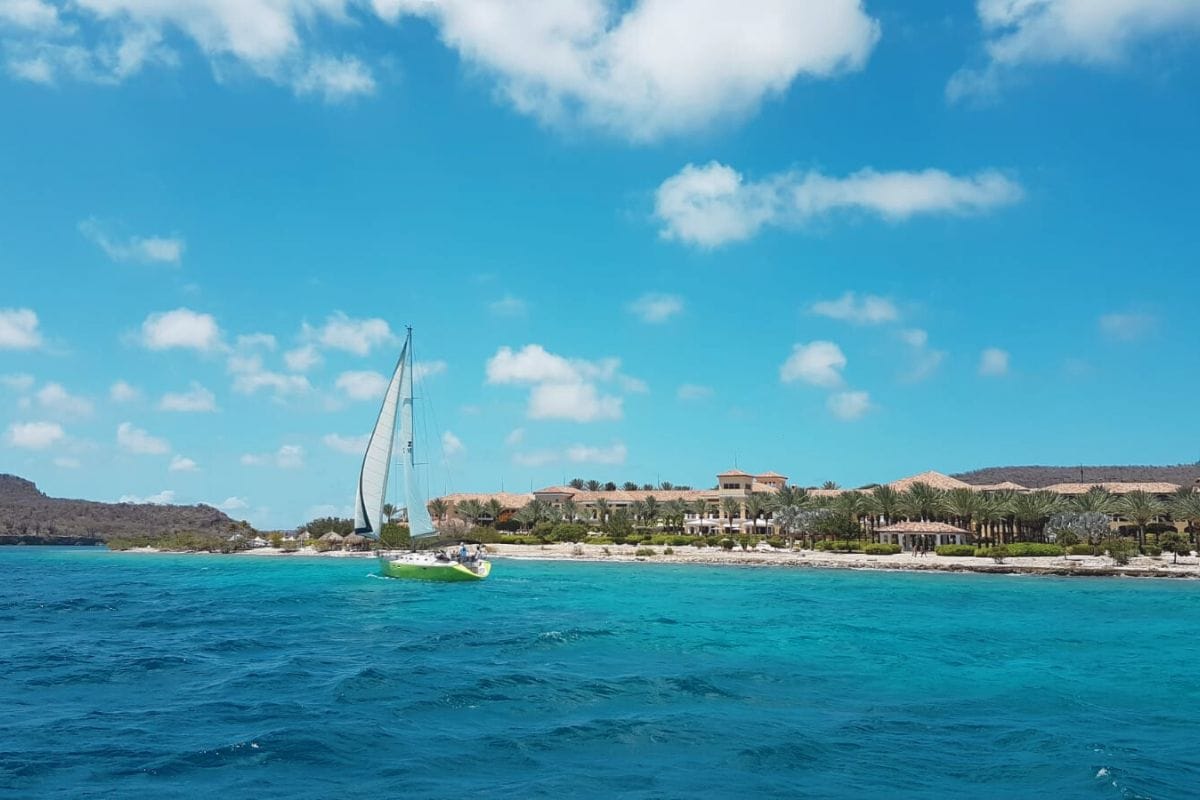 Sailing yacht Galaxie with sail up at Caribbean Sea in Curacao