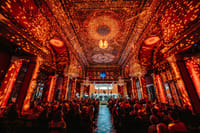 Live classical concert Vienna featuring orchestra with golden starlight ceiling projection and full audience in historic hall
