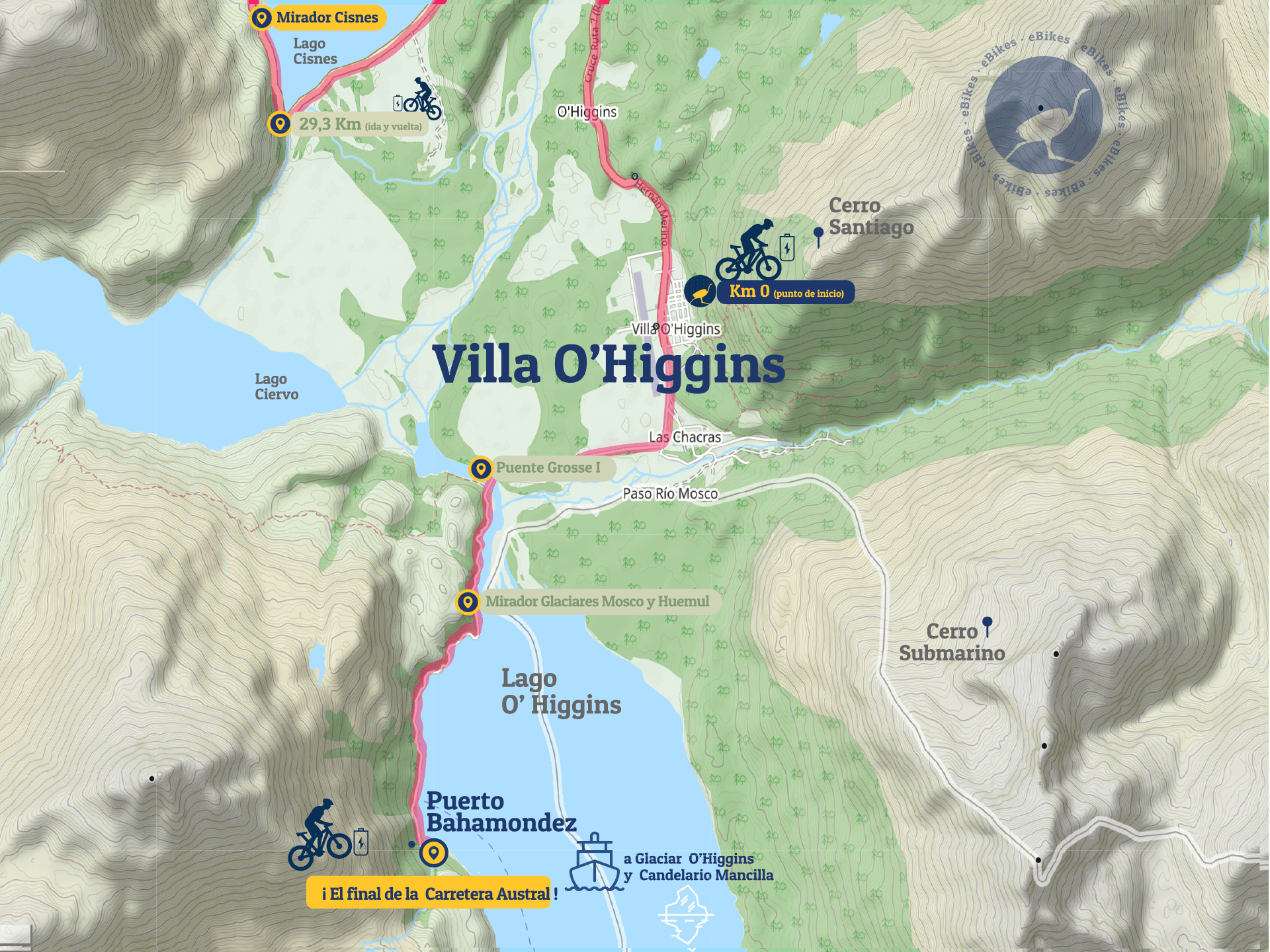 Ebike tour SURí: mapa de aventura entre Lago Cisnes y Puerto Baamondes, Fin de la Carretera Austral