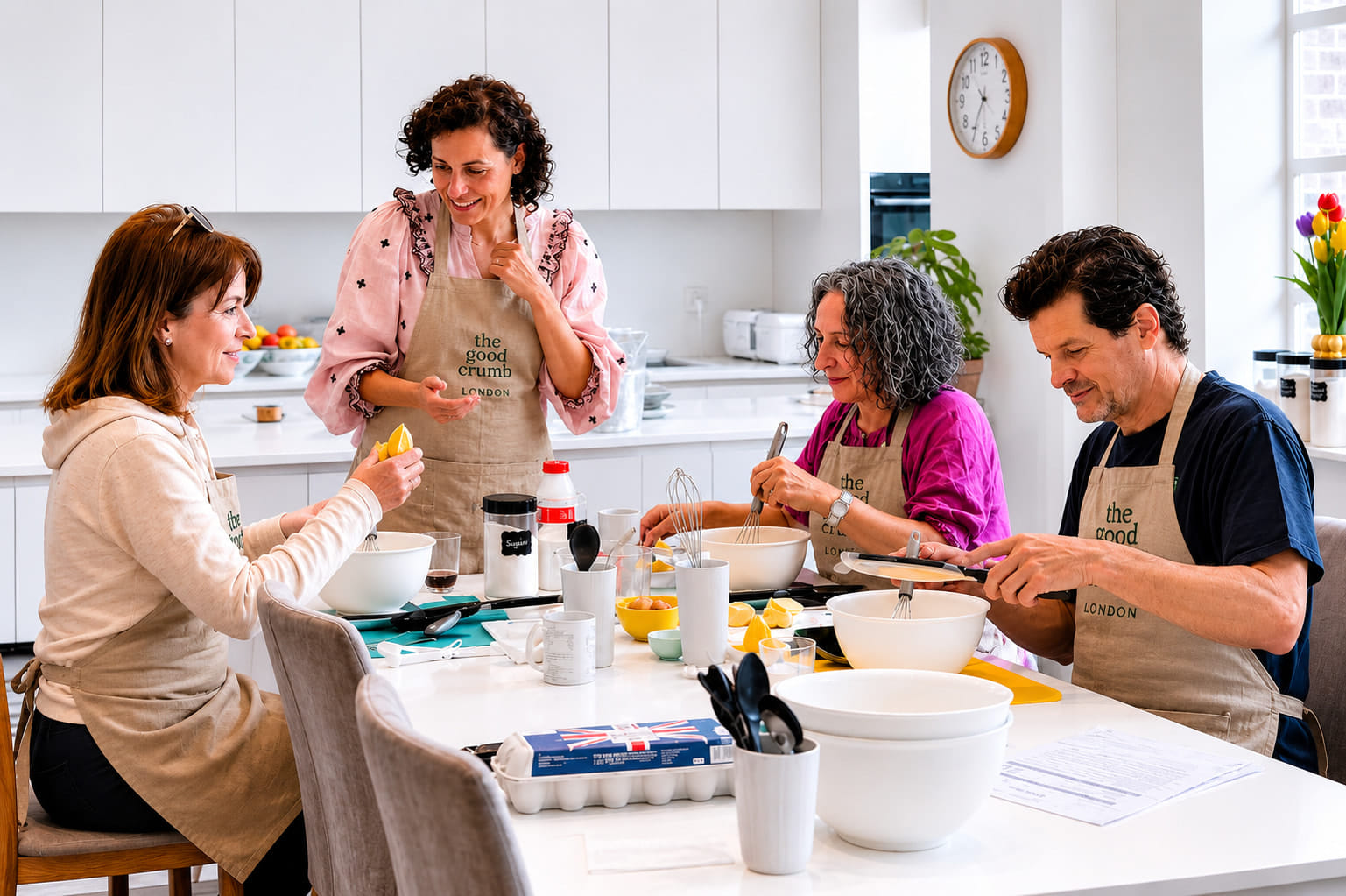Three guests seated around a table baking