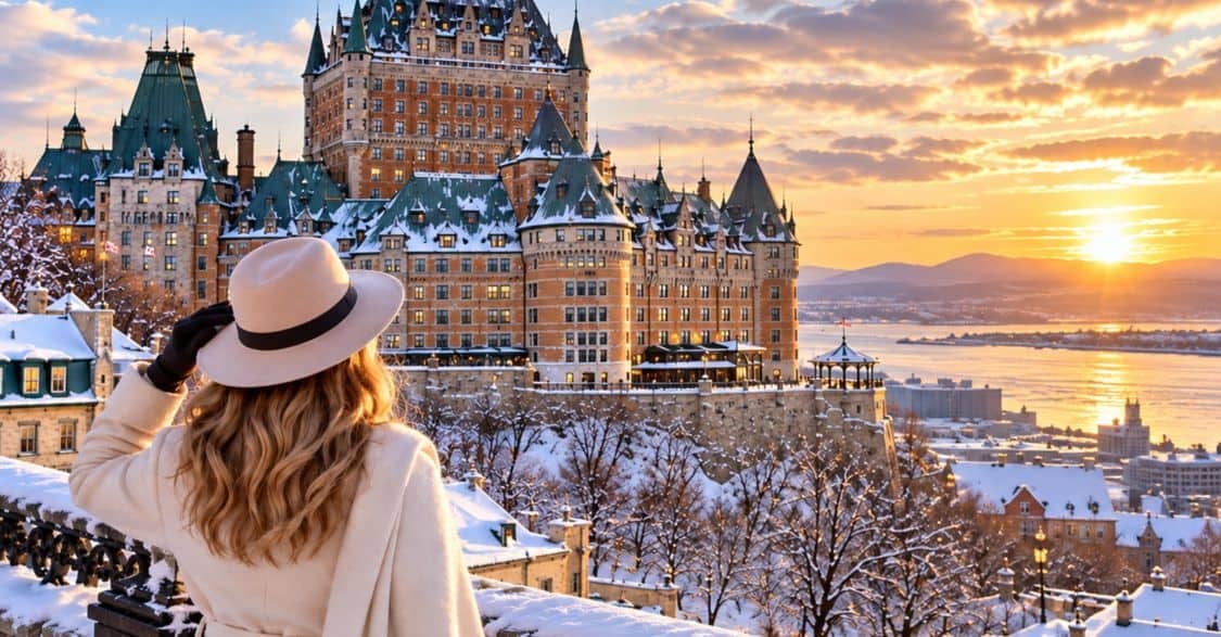 Woman overlooking snow-covered Fairmont Le Château Frontenac in Québec City at sunset during a winter getaway.